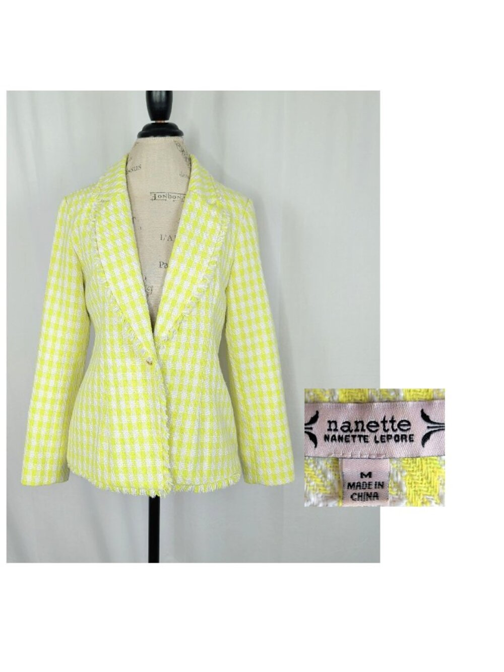 Nanette Lepore Blazer Medium Houndstooth Yellow Tweed